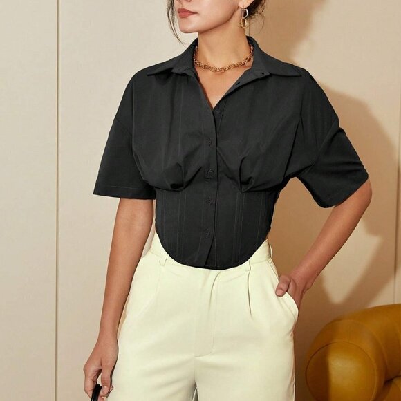 Black Casual Womens Solid Drop Shoulder Button Front Shirt - Picture 3 of 5